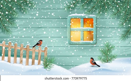 Winter snowy scene. Old window of a wooden house wall, fir-tree branches, birds, fence and snow drifts