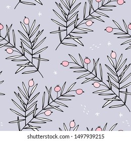 Winter snowy seamless pattern with fir branch, berries, snowflakes. Winter doodle texture, background, surface, backdrop. Tender pastel blue and white colors