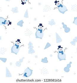 Winterschnee-nahtloses Muster mit Schneemann und Schneeflocken, Parkelementen, Bäumen, Büschen bei kaltem Wetter einzeln auf weißem Hintergrund. Dekorative Winterstruktur in flachem Cartoon-Design.