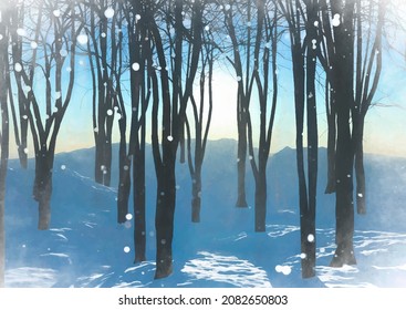 Winter snowy solstice forest landscape in watercolour 