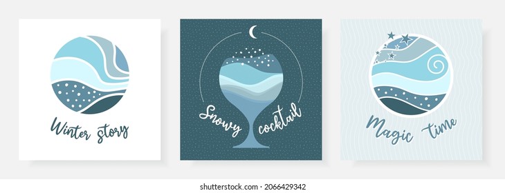 Winter snowy story Christmas time design square card banner post social media background.Template snowy cocktail card, magic time poster, blue vector illustration