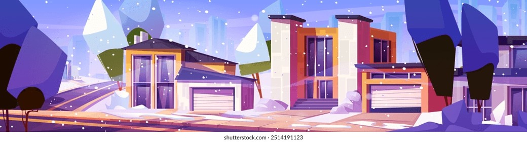 Inverno nevado bairro suburbano paisagem com moderna mansão de luxo e garagens, árvores e estrada. Cartoon vetor paisagem com casas sob neve e silhueta de arranha-céus da cidade no fundo.