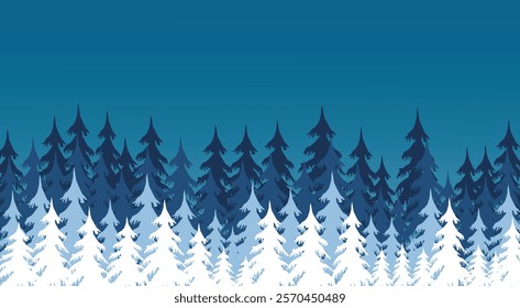 Winter snowy trees vector illustration. Beautiful horizontal pine trees of a forest. Pine, spruce and Christmas trees. Winter banner, card and wall paper for print and cover.