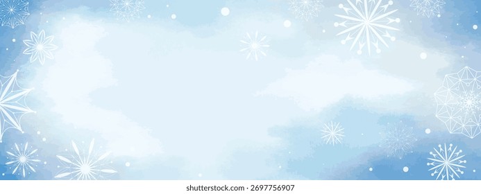 Bandeira horizontal universal com neve no inverno. Fundo de aquarela azul delicado com silhuetas de flocos de neve delicados e espaço de cópia. Gráfico vetorial