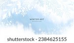 Winter snowy vector background with watercolor texture, white pine branches, berries and snowflakes. Artistic abstract Christmas design for poster, wallpaper, banner, greeting card, advertisement