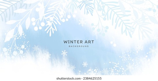 Fondo vectorial de nieve invernal con textura acuarela, ramas de pino blanco, bayas y copos de nieve. Diseño artístico abstracto de Navidad para afiches, papel pintado, banner, tarjeta de saludo, anuncio