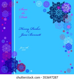 Winter snowy wedding frame with cyan, violet, blue and white snowflakes and stars and cyan and blue background. Square label design. Save date text place. Snowfall vintage vector illustration.
