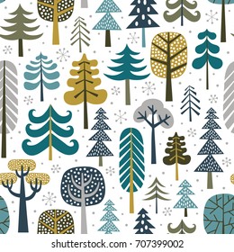 Winter snowy woods seamless pattern. Silhouettes of cute snowy trees on white background. Repetitive christmas vector wallpaper.