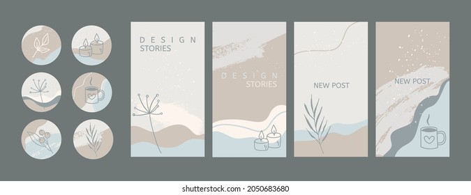 Winter social media stories and post templates set. Vector highlight covers or icons with hand drawn leaves