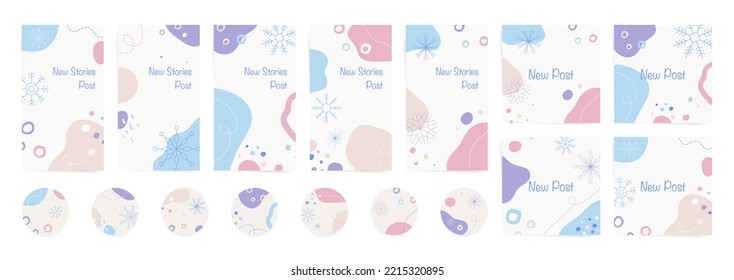 Winter social media stories   posts set  Abstract winter shapes and snowflakes    wavy patterns  Ready to use modern minimal colorful backhrounds for social media stories   promo sale posts 