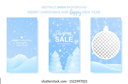 Winter social media stories template. Magic holiday snowfall background. Merry christmas. Blue sky blizzard illustration design.
