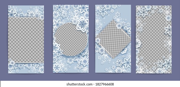 Winter social media story, Merry Christmas post, banner template set. Vector illustration in paper art style. Winter backgrounds, frames, mobile story wallpapers with paper cut snowflakes.