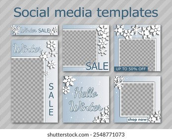 winter social media templates design, set of backgrounds for banner, flyer, card on the gradient backdrop with paper snowflakes. elegant vector illustration for poster, frame en white and light blue.