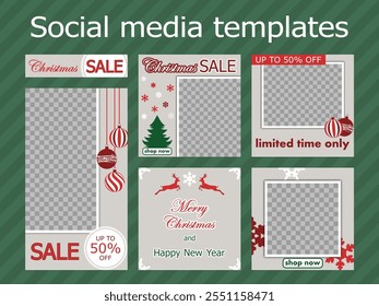 winter social media templates design, set of backgrounds for sale banner, flyer, card in minimalistic style with snowflakes, deers, firs. modern vector illustration for poster, frame en beige and red