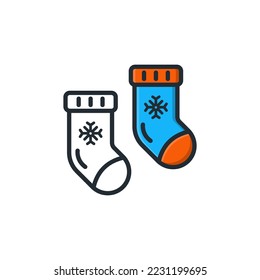 Winter sock snow flake icon cartoon drawing outline color vector illustration