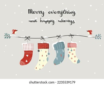 Wintersock im Schneewald, Design für Babykarten, Frohe Weihnachten, Vektorgrafiken.