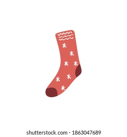 Wintersock mit Schneeflocken einzeln auf weißem Hintergrund. Vektorfarbige Flachbildgrafik