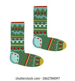Winter socks with bright ornament, children clothing, New year decoration. Vector stock illustration in cartoon style.