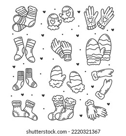 Winter socks and gloves hand drawn doodles coloring