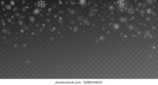 Winter soft falling snowflakes, flying ice crystals on a transparent background. Decoration for winter designs, holiday banners, greeting cards. Isolated vector realistic snowfall, overlay effect.