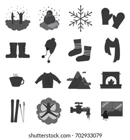 Winter solid icons, Sixteen grey scale winter solid icons, Vector illustration, Cartoon solid icons, Solid icons with winter theme 