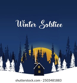 Winter Solstice banner with winter forest and rising sun. Vector illustration.