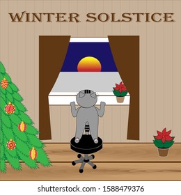 Winter solstice card. Cat is looking out the window at the sunset. 