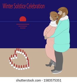 Winter Solstice Celebration card. Young couple admires the sunset on the shortest day of the year.