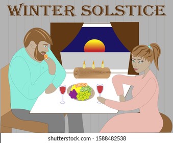 Winter solstice celebration scene. Young couple at the holiday table.