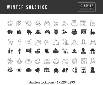 Winter Solstice. Collection of perfectly simple monochrome icons for web design, app, and the most modern projects. Universal pack of classical signs for category Holidays.