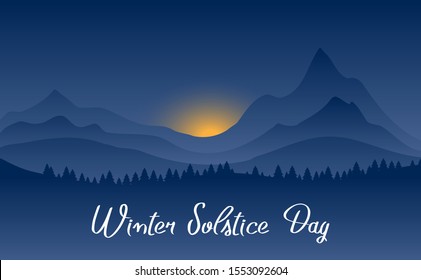 Winter solstice day in December the 21. Greeting card design template. The dark sky with sunset or sunrise. The longest night in the year