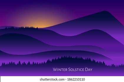 Winter solstice day in December the 21. Greeting card design template. The dark sky with sunset or sunrise. The longest night in the year