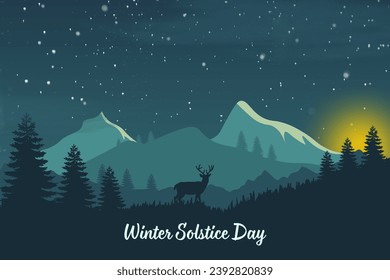 Winter solstice day in December the 21. Greeting card design template. The dark sky with sunset or sunrise with deer standing. The longest night in the year