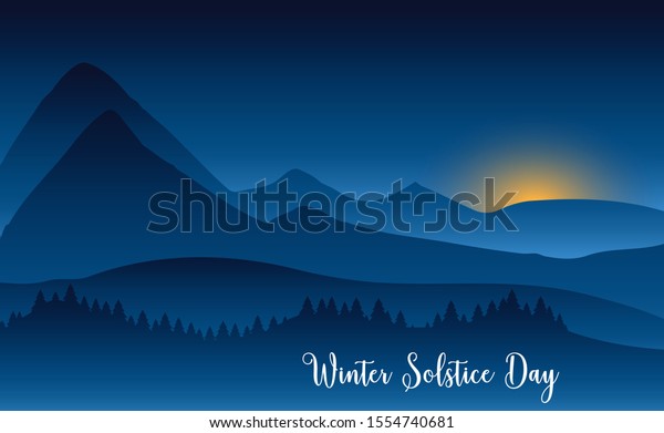 Winter solstice day in December the 21. Greeting\
card design template. The dark sky with sunset or sunrise. The\
longest night in the\
year