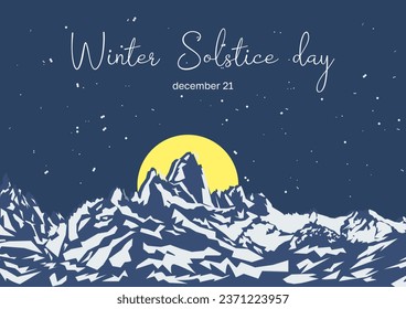 Winter Solstice Day December 21-22. The longest night of the year. Dark sky and mountains with sunset or sunrise. Template for invitations, posters, greeting cards. Flat vector illustration