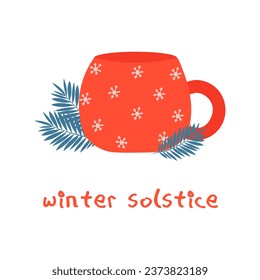 Winter Solstice Day December 21-22. The longest night of the year. Red mug with snowflakes and spruce branches. Template for invitations, posters, greeting cards. Flat vector illustration