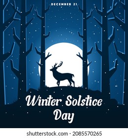 Winter Solstice Day theme poster or banner. Vector illustration. Illustration silhouette deer, tree and mountain.