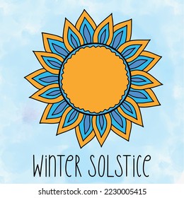 Winter Solstice Decemebr 21. Shortest day of the year. Vector illustration with stylized sun, text and watercolor textured blue sky background. banner, poster, greeting card design