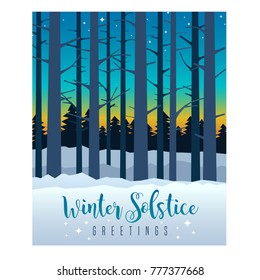 Winter Solstice greeting card design. Colorful evening sky with sunset and stars behind silhouette of tall bare trees. Vector Illustration.