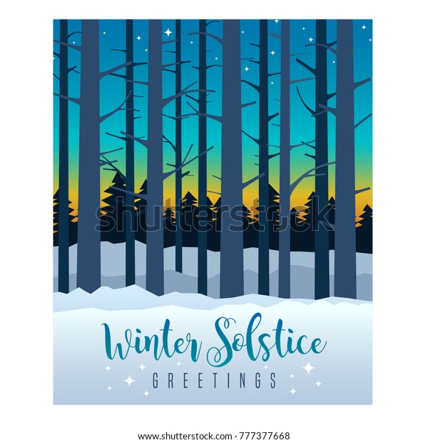 Winter Solstice greeting card design.\
Colorful evening sky with sunset and stars behind silhouette of\
tall bare trees. Vector\
Illustration.
