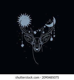 Winter solstice. Magic deer holding Sun and Moon