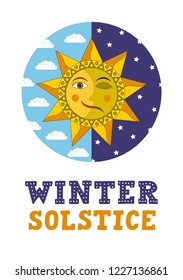 Winter solstice. Smiling sun and sleeping moon in the circle of day and night sky with hand drawn lettering. Vector illustration.