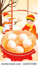 Winter solstice solar term, eating glutinous rice dumplings on the fifteenth day of the first lunar month, with houses and people in the background, vector illustration