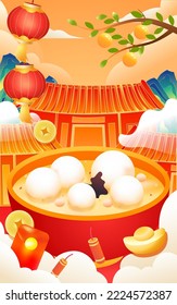 Winter solstice solar term, eating glutinous rice dumplings on the fifteenth day of the first lunar month, with houses and people in the background, vector illustration