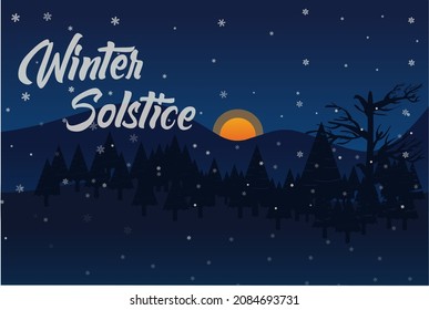 Winter Solstice vector design illustration, night snow falling down rows of fir trees, great for banners and covers