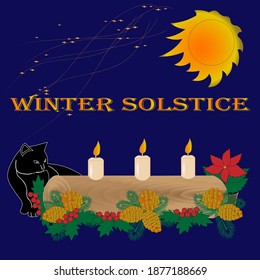 Winter solstice or Yule card. Black cat is looking at the traditional Yule log with three candles. 