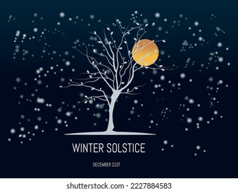 Winter solstice.december 21 .tree,branches with some leaves in white on dark background. 