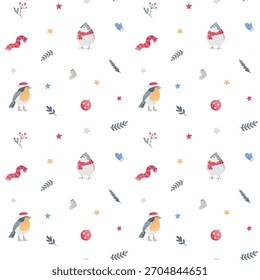 Patrón sin fisuras de los pájaros cantores de invierno. Titmouse, petirrojo con sombrero de Santa y bufanda caliente. Ilustración festiva en un lindo Vector plano. Adecuado para diseños de temporada, proyectos infantiles, Navidades textiles.