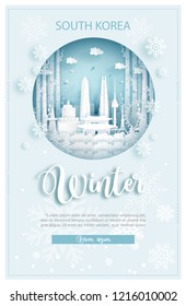 Winter in South Korea for travel and tour advertising concept with world famous landmark in paper cut style vector illustration.