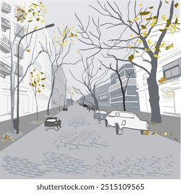 Winter in a southern city. Trees, yellow leaves, street, road and cars. Gray gradient.
